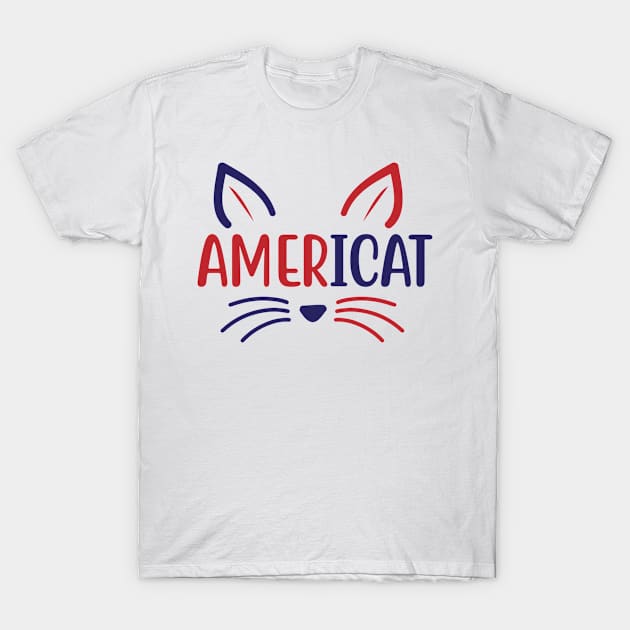 Americat Cat Face Fourth Of July American USA Flag T-Shirt by BeHappy12
